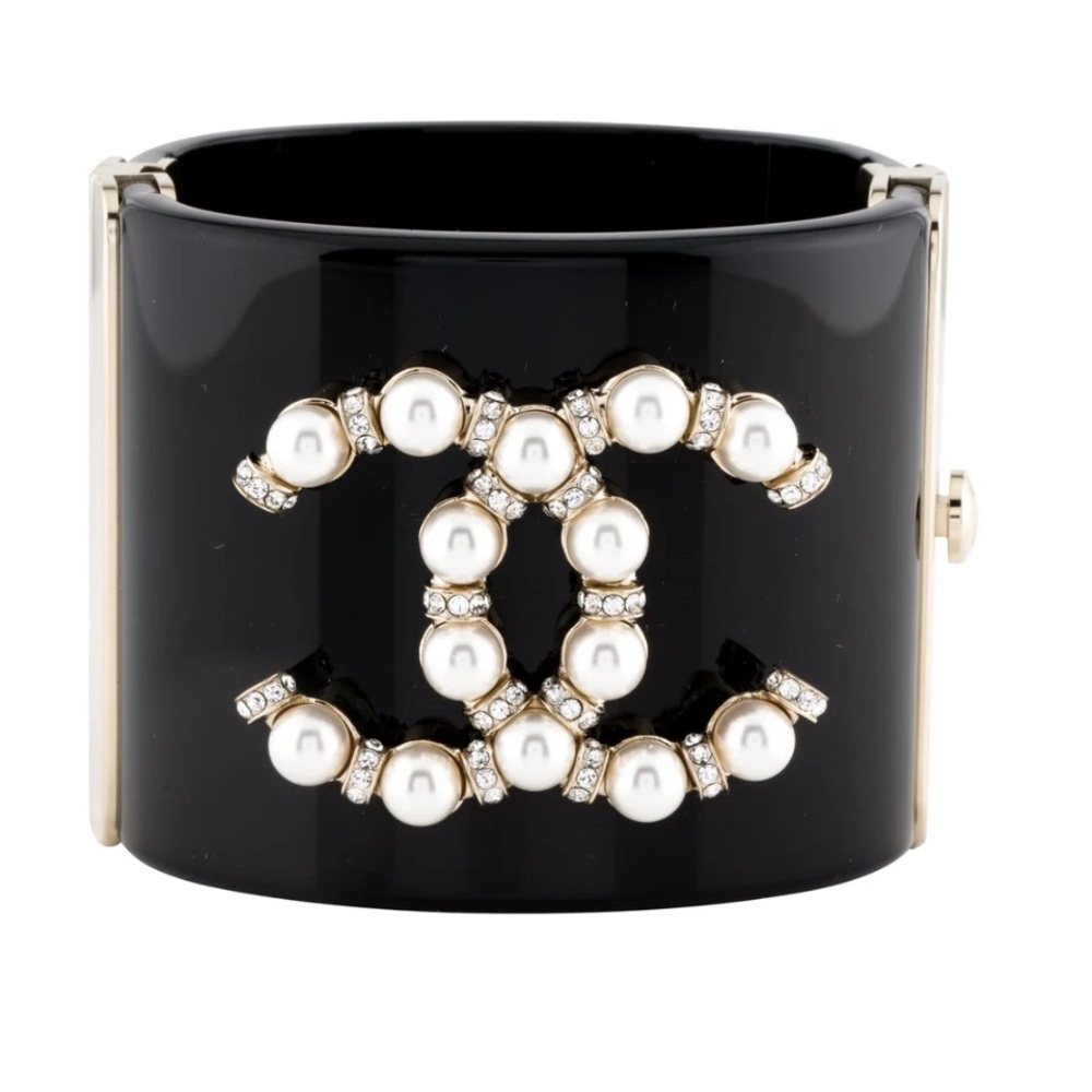 Chanel Black Pearl and Crystals Logo Cuff Bracelet
